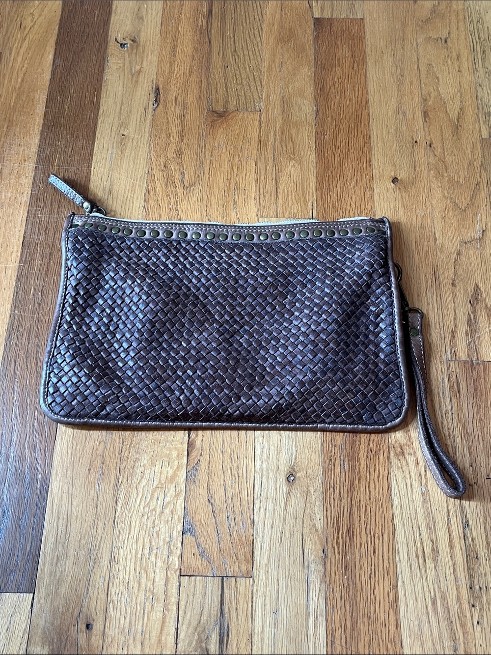 Vera Pelle Taupe Woven Leather clutch purse with strap and Stud Accents